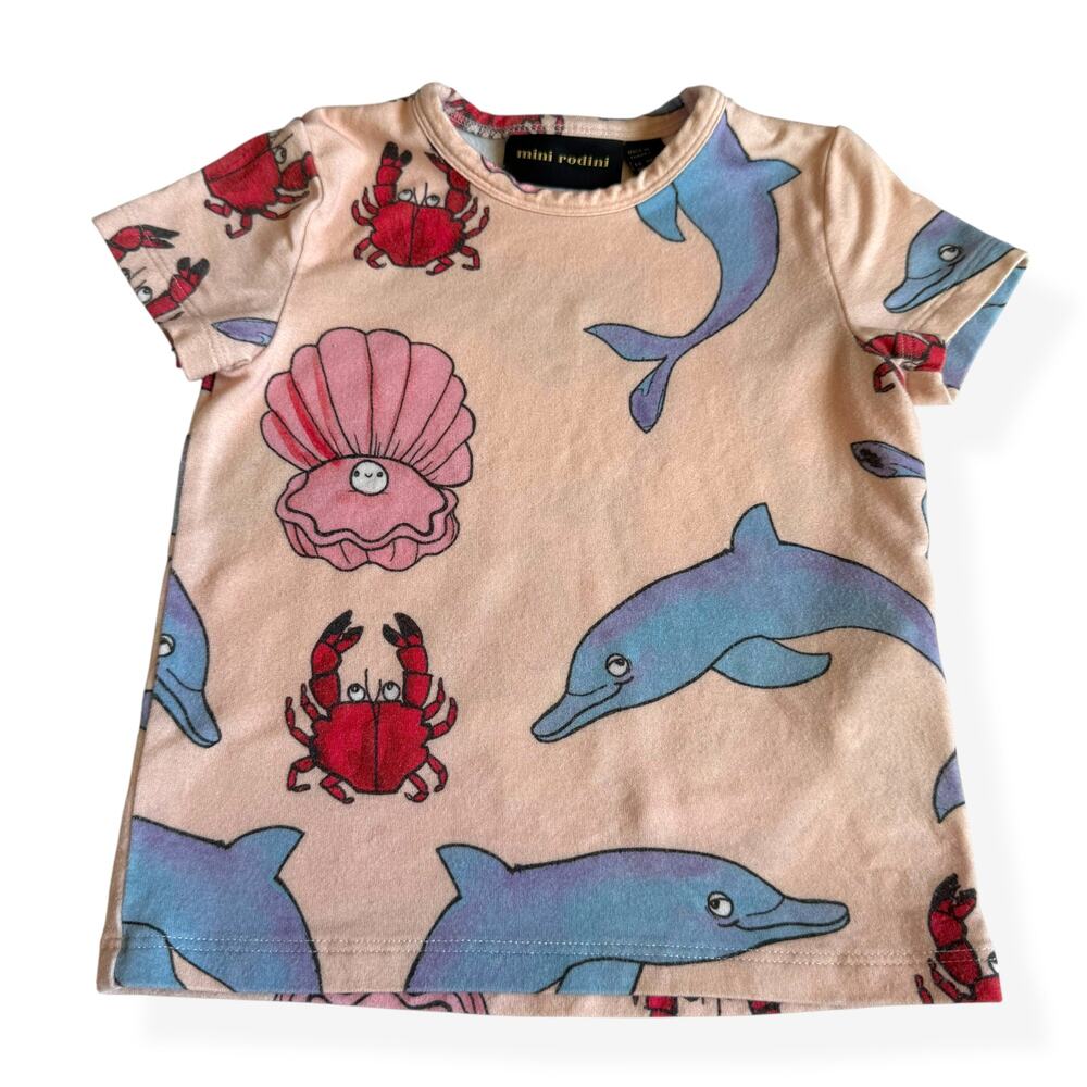 Mini Rodini Pink Tee with Blue Dolphins and Red Crabs